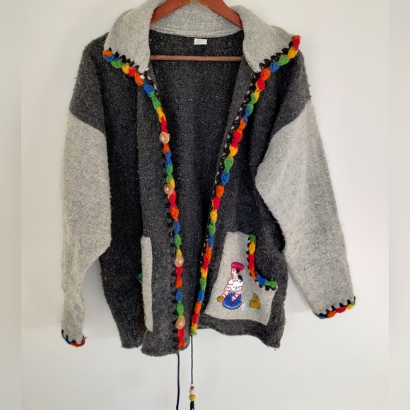 Handcrafted Ecuadorian Wool Cardigan Size XL Gray - Picture 1 of 12